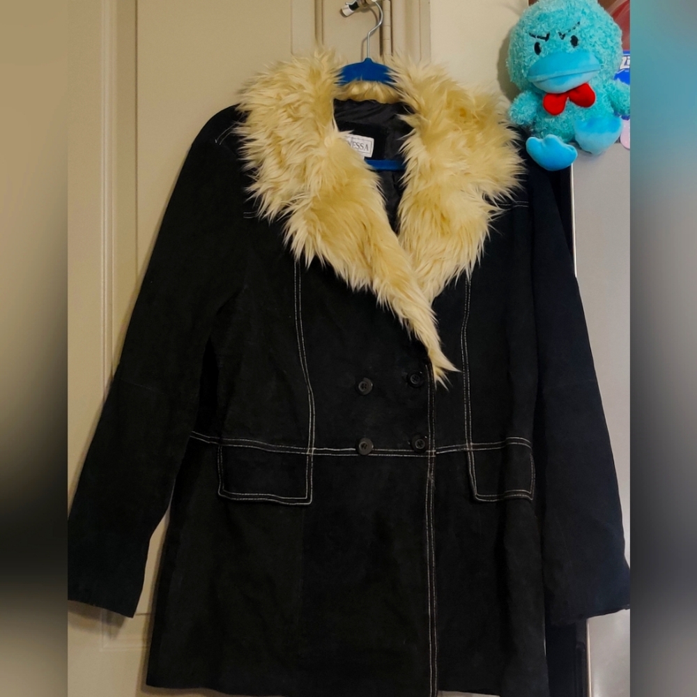 Leather coat jacket with fur trim 1x
